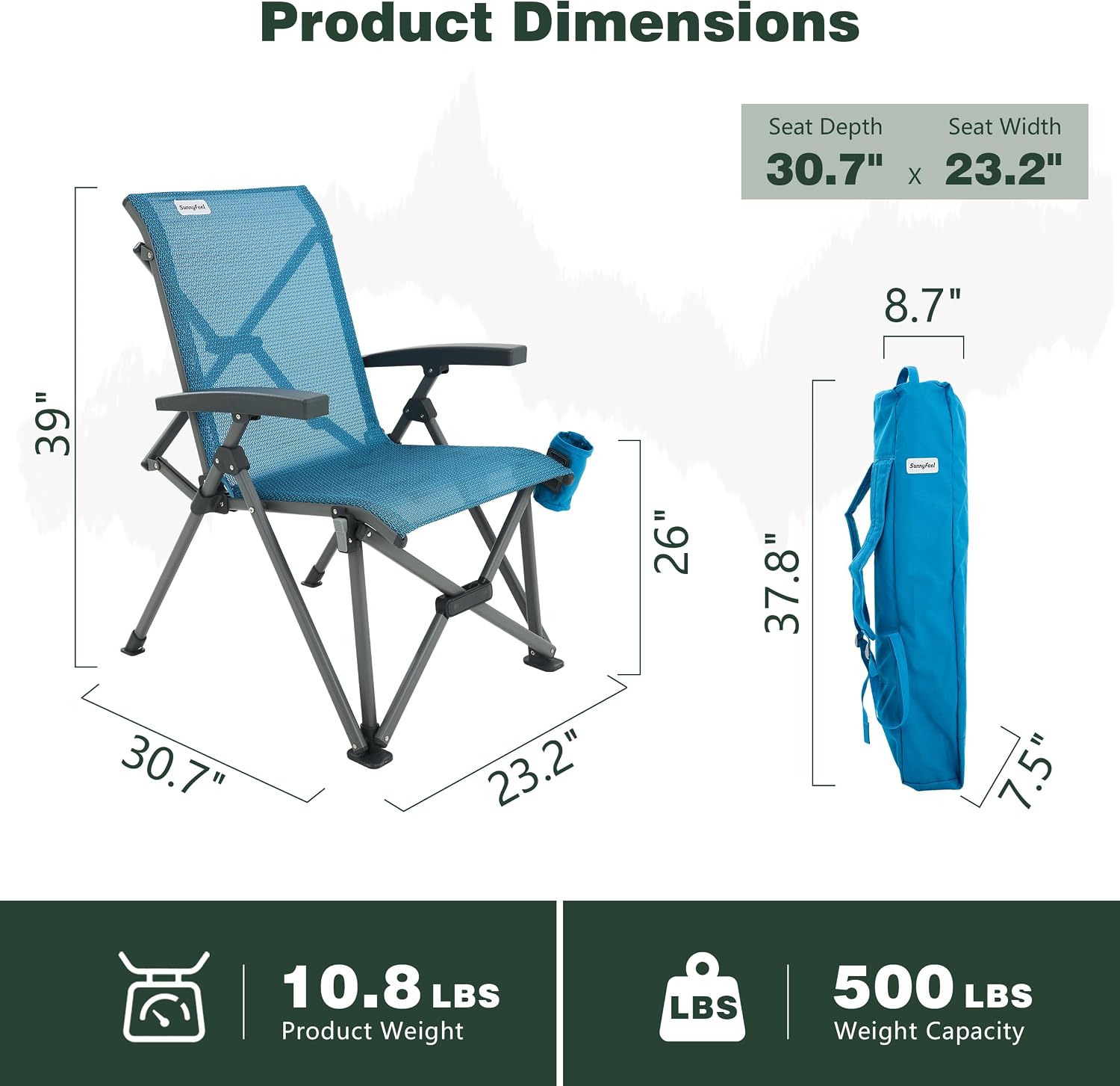 SUNNYFEEL High Back Folding Camping Chair 500 lbs with Aluminum Frame, Blue