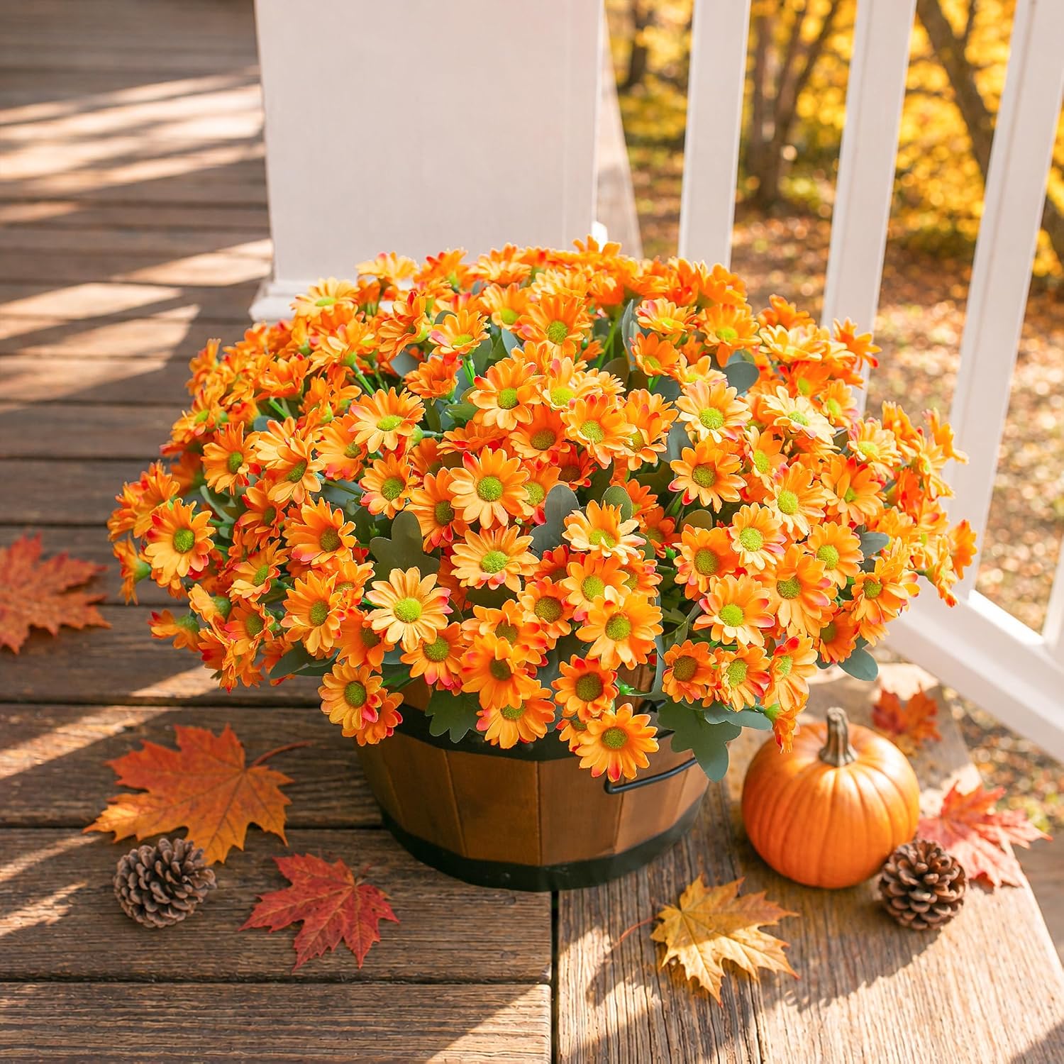 Daisy Artificial Flowers for Outdoors Autumn Fall Decor, 6 Bundles Fake Mums Orange Silk Flowers for Outside Look Real UV Resistant Fake Plants Faux Flowers for Planter Front Door Home Indoor Porch