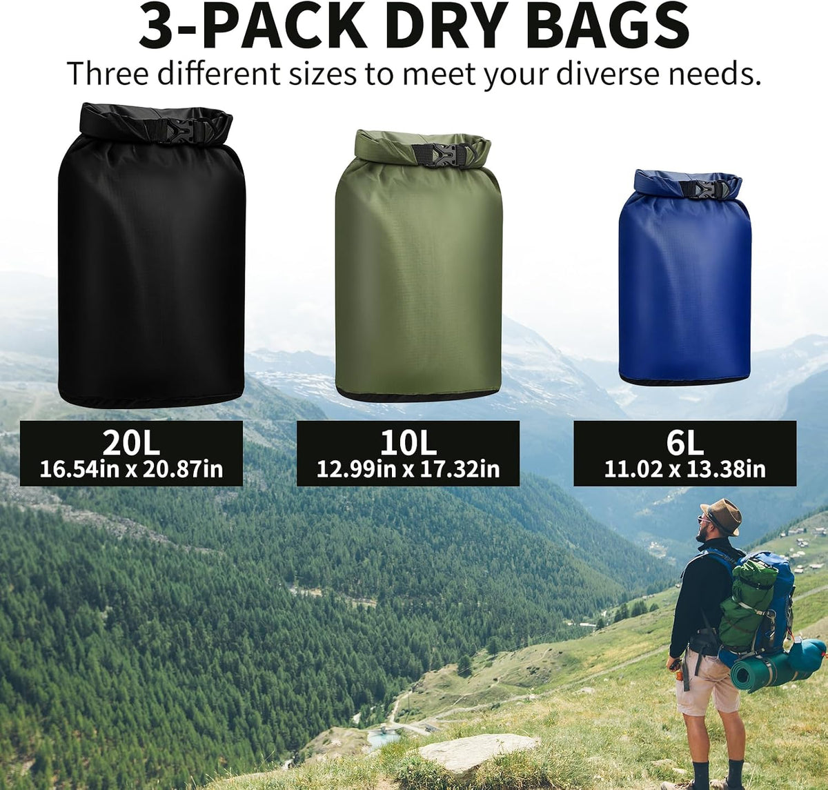 Dry Bag Waterproof 3 Pack Lightweight Outdoor Dry Sack, 6L&10L&20L, 3Colors