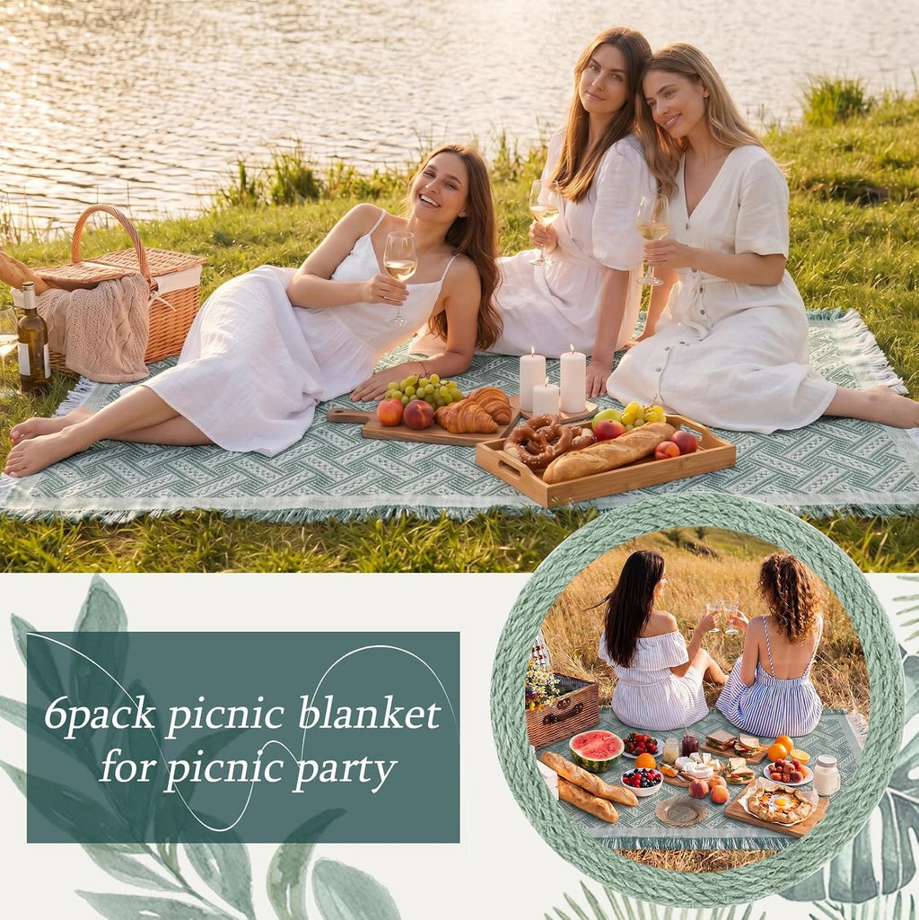 Frienda 6 Pcs Large Boho Outdoor Picnic Blanket 70" x 35" Chic Woven Cotton Yarn Beach Blanket with Fringe Washable Sandproof Portable for Picnic Camping Travel Lawn Bohemian Decor (Trendy,Green)
