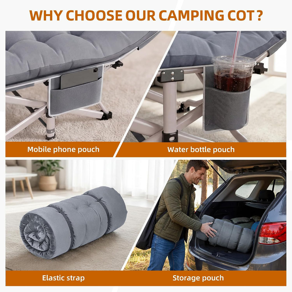 SKONYON Folding Camping Cot for Adults Heavy Duty - 800LBS Capacity Sleeping Cot with Thicker Pad, Portable Foldable Cot Double Layer Oxford Outdoor Camp Bed for Guest Use Office Nap Travel(Gray)