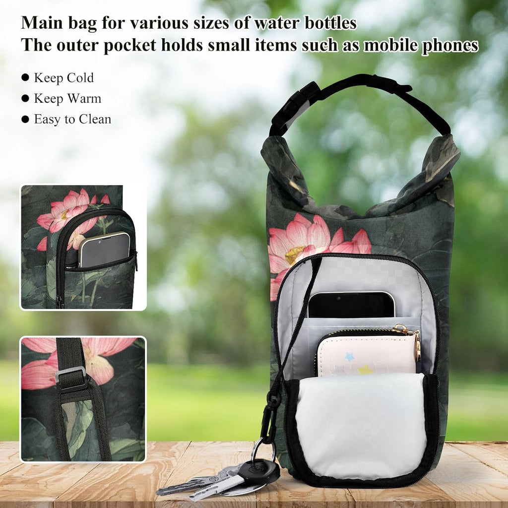 Chinese Style Lotus Flower Water Bottle Holder with Strap Insulated Water Bottle Carrier Crossbody Bags Pouch with Phone Pocket for Travel Gym Hiking Walking Running