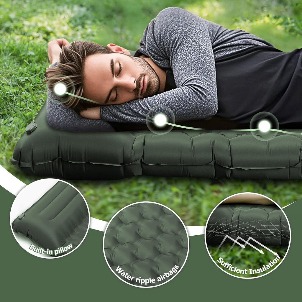 Toncoke Sleeping Pad, 4.7" Extra-Thick & Ultralight Inflatable Camping Mat with Pillow, Built-in Foot Pump, Compact for Backpacking, Camping, Hiking, Travel —Military Green