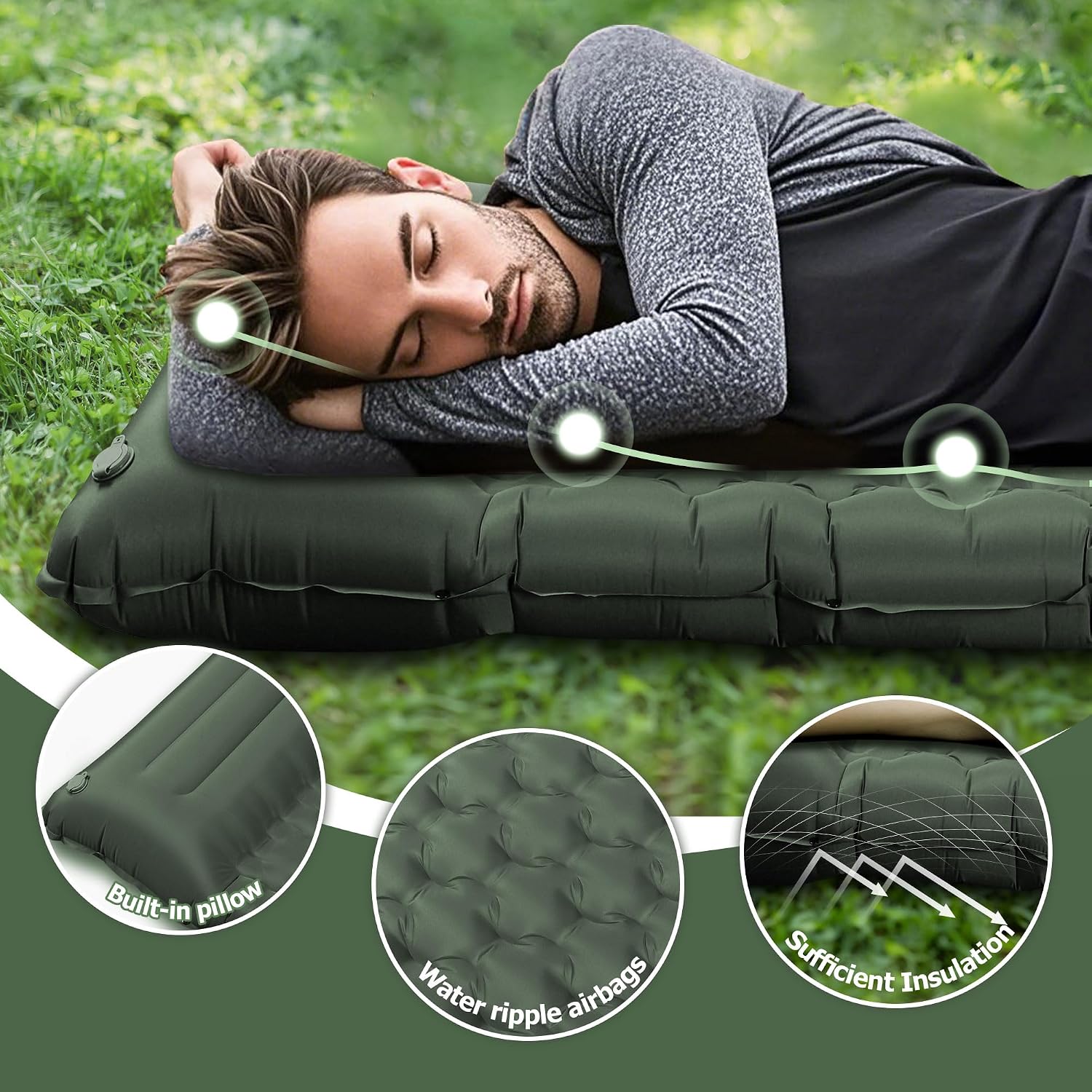 Toncoke Sleeping Pad, 4.7" Extra-Thick & Ultralight Inflatable Camping Mat with Pillow, Built-in Foot Pump, Compact for Backpacking, Camping, Hiking, Travel —Military Green
