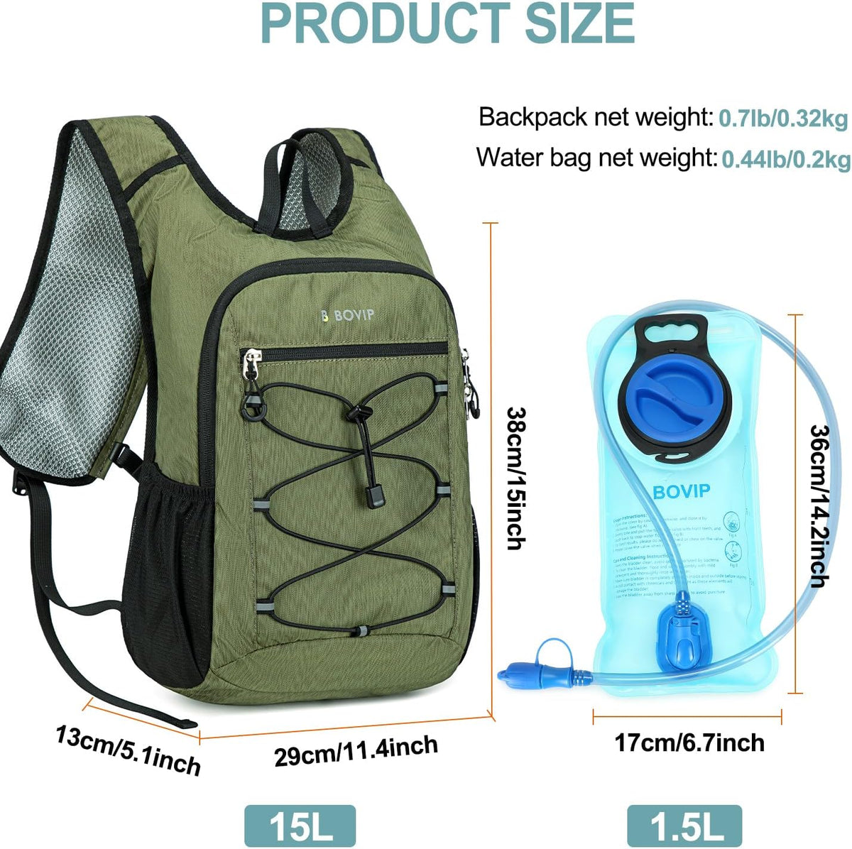 BOVIP Lightweight Hydration Back,15L Multipurpose Hiking Backpack with 1.5L Water Bladder ,Hydro Water Daypack for Cycling Hiking Rave for Men Women