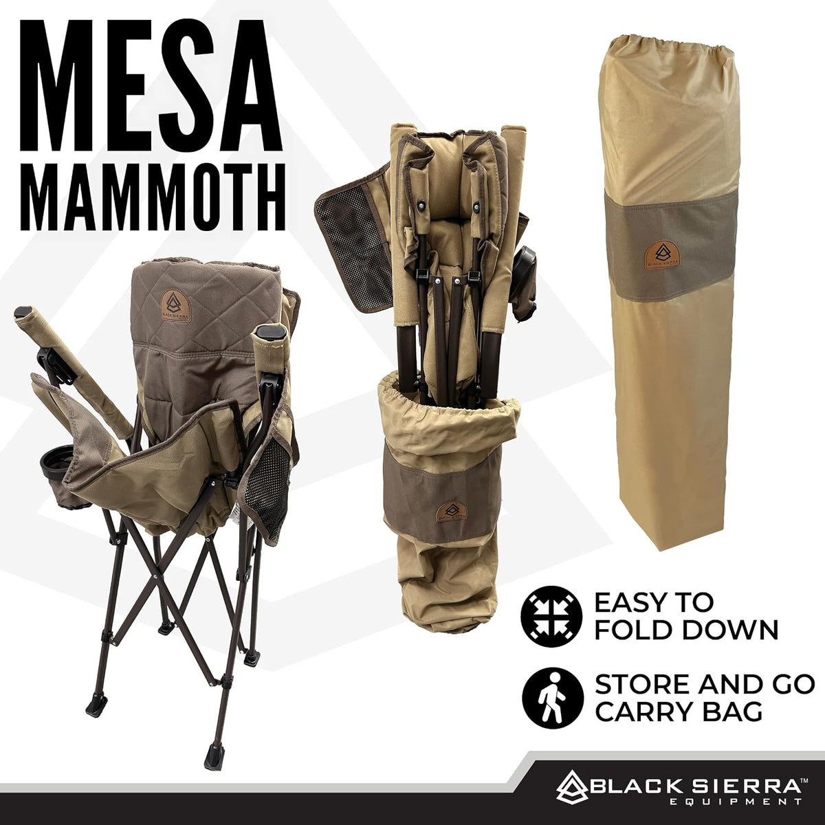 Black Sierra Oversize High Back Camping Chair for Adults, Supports 500 lbs, XL Heavy Duty Portable Folding Chair for Heavy People, Steel Frame Padded Outdoor Seat with Cup Holder and Carry Bag