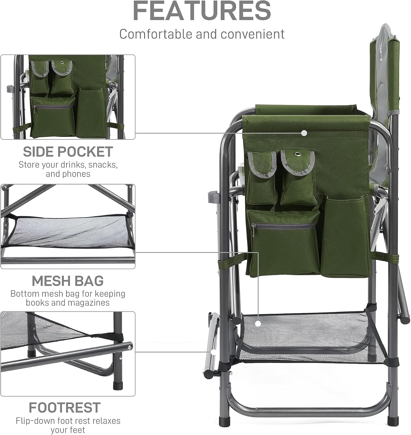 EVER ADVANCED 23.2" Medium Tall Director Chair with Side Table 400LBS Green