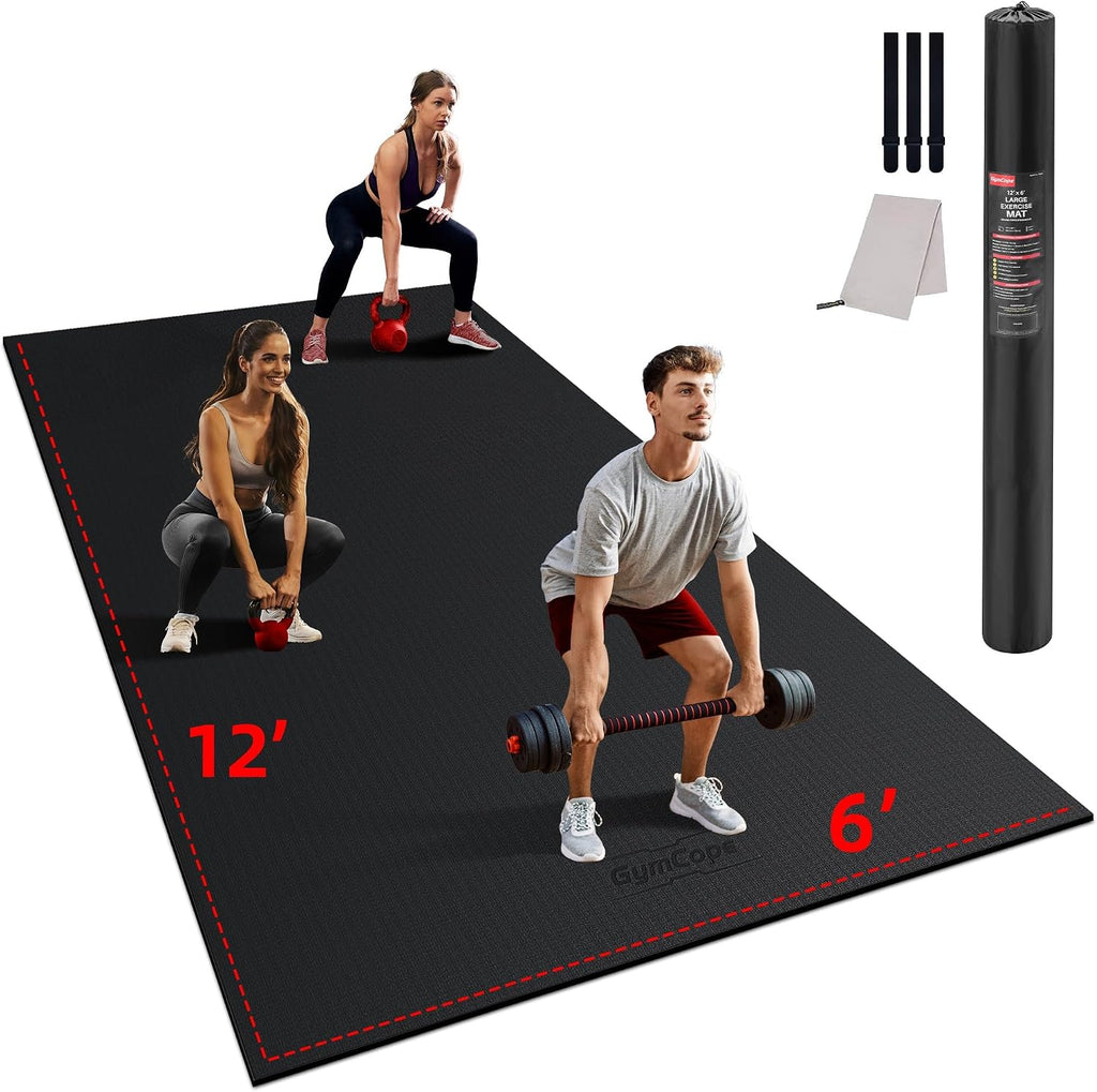 GymCope Large Exercise Mat for Home Workouts, 12x6/10x6/9x6/8x6/7x5/6x4 ft
