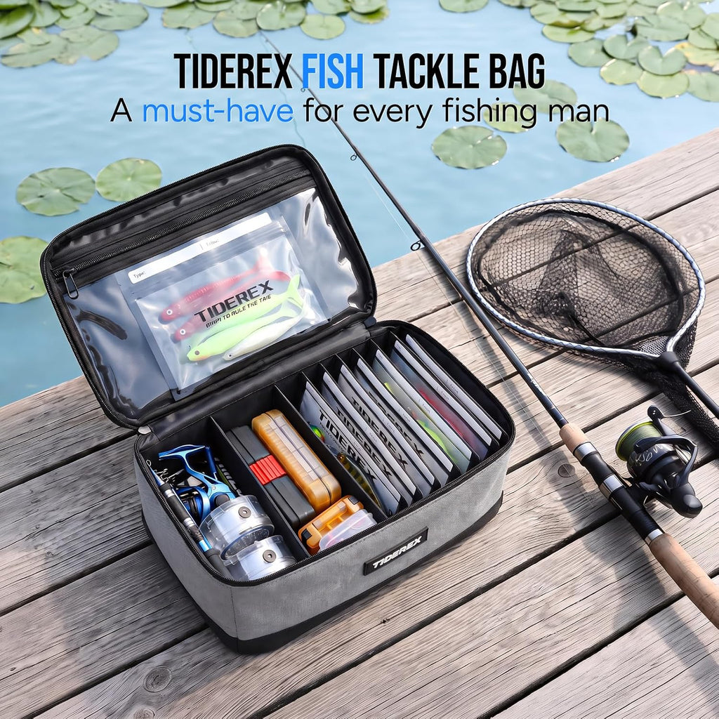Fishing Tackle Bag with 20 DIY Soft Plastic Bait Bags, Gray