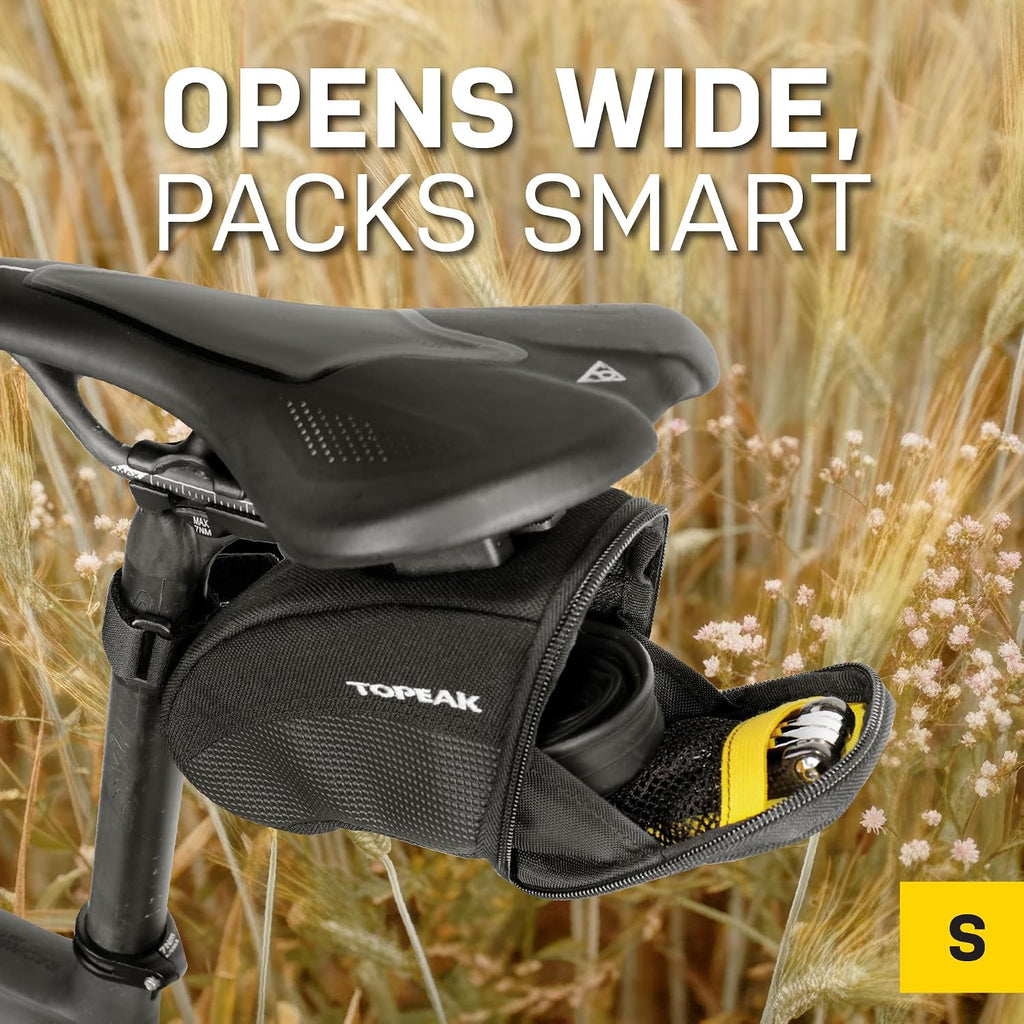 Topeak Aero Wedge Pack with Fixer F25 (Small), Compact Aerodynamic Bike Saddle Bag with QuickClick Mount, Durable 1000D Nylon, Reflective Strip, Safety Light Clip