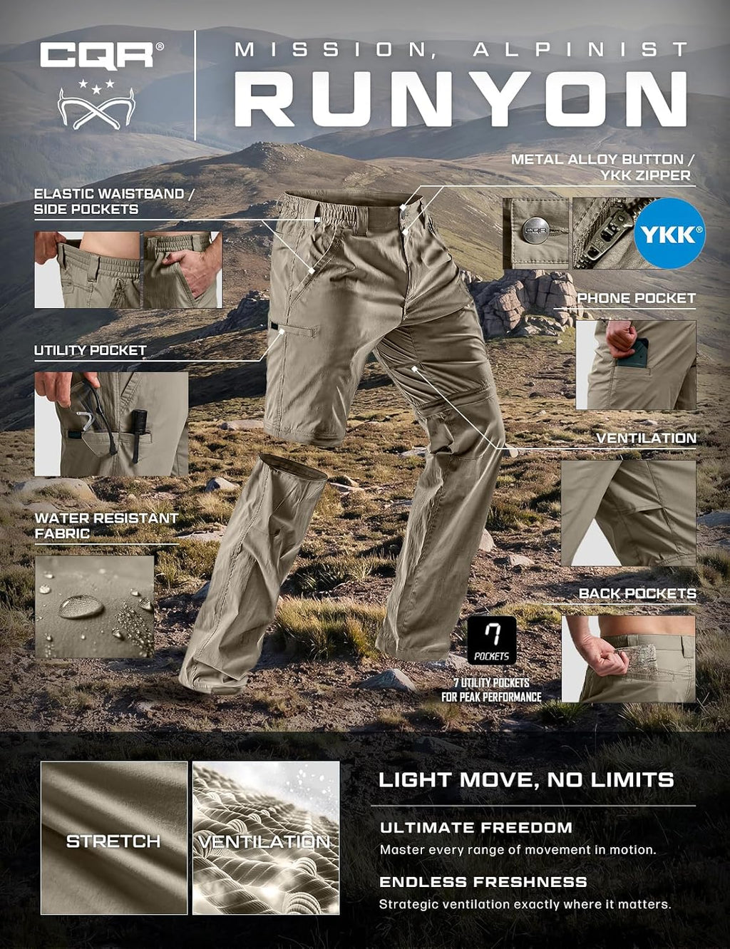 CQR Men's Convertible Cargo Tactical Pants, Water Resistant Outdoor Hiking Pants, Zip Off Lightweight Stretch Work Pants