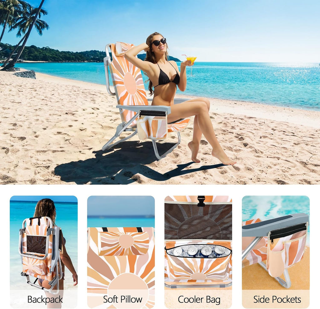 Boho Sun Beach Chairs for Adult, Folding Backpack Beach Chairs with Cooler-2 Pack