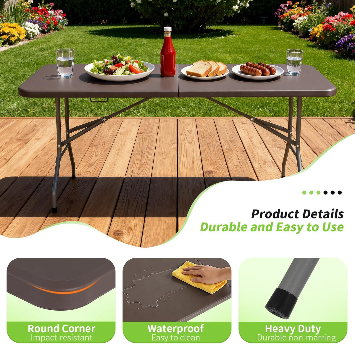BestOffice | 6FT Folding Table | Brown | Portable Plastic Table