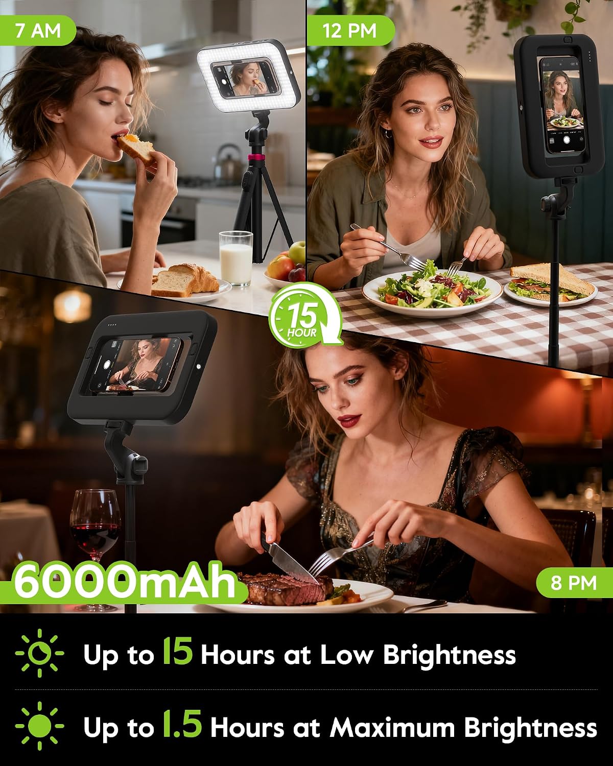Tripod for iPhone with Light, Portable 15W Ring Light with Stand and Phone Holder for Video Recording, 6000mAh Magnetic Phone Tripod with Light 2500K-9000K for Food Hunt,Mukbang Video,Vlogging,CRI＞95