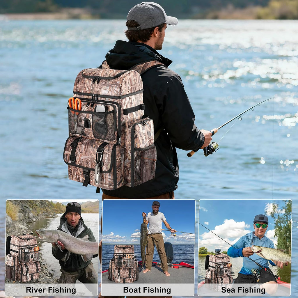 VJI 52L Large Fishing Tackle Backpack with Rod Holders, Reed Beige