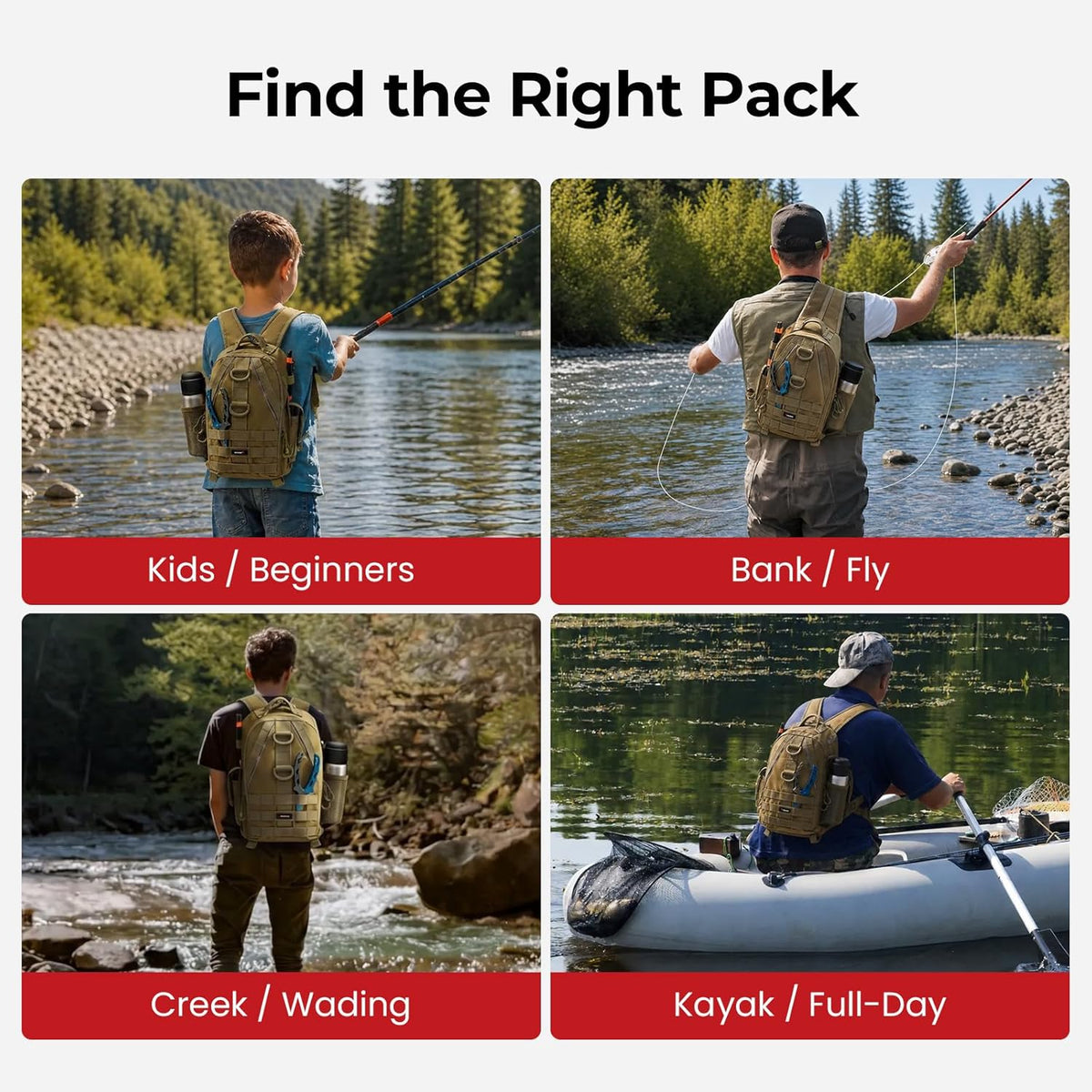 Piscifun Fishing Backpack, Rod Holders, Lightweight Sling Bag, Khaki