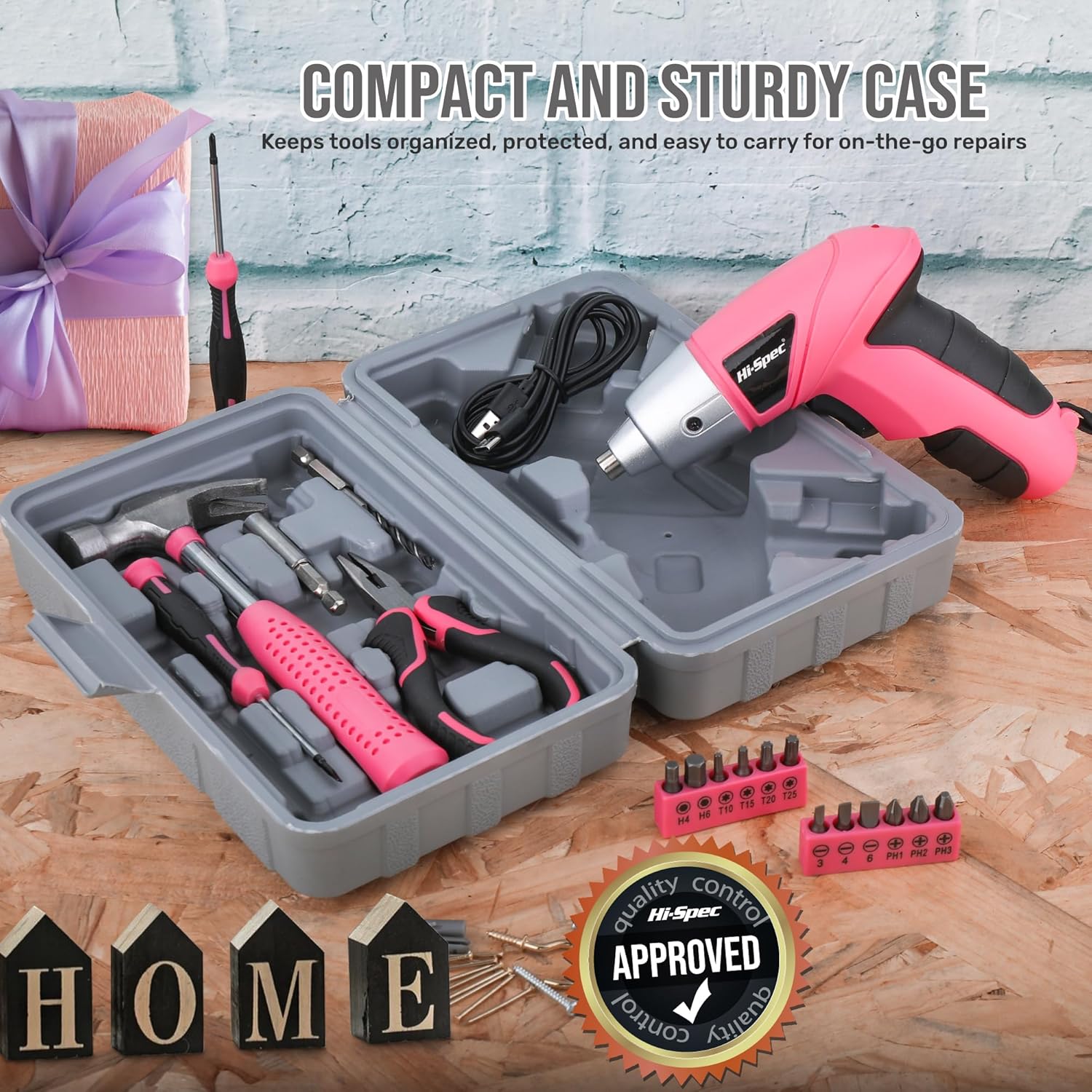 Hi-Spec 3.6V Cordless Electric Screwdriver and Tool Kit for DIY, Pink