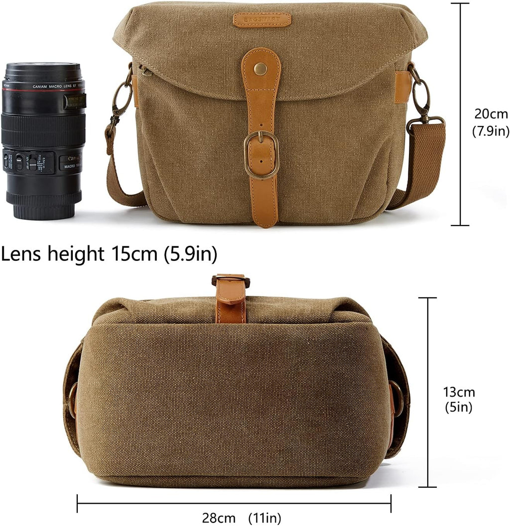 BAGSMART Canvas Crossbody Camera Bag with Rain Cover for Women Men, Khaki