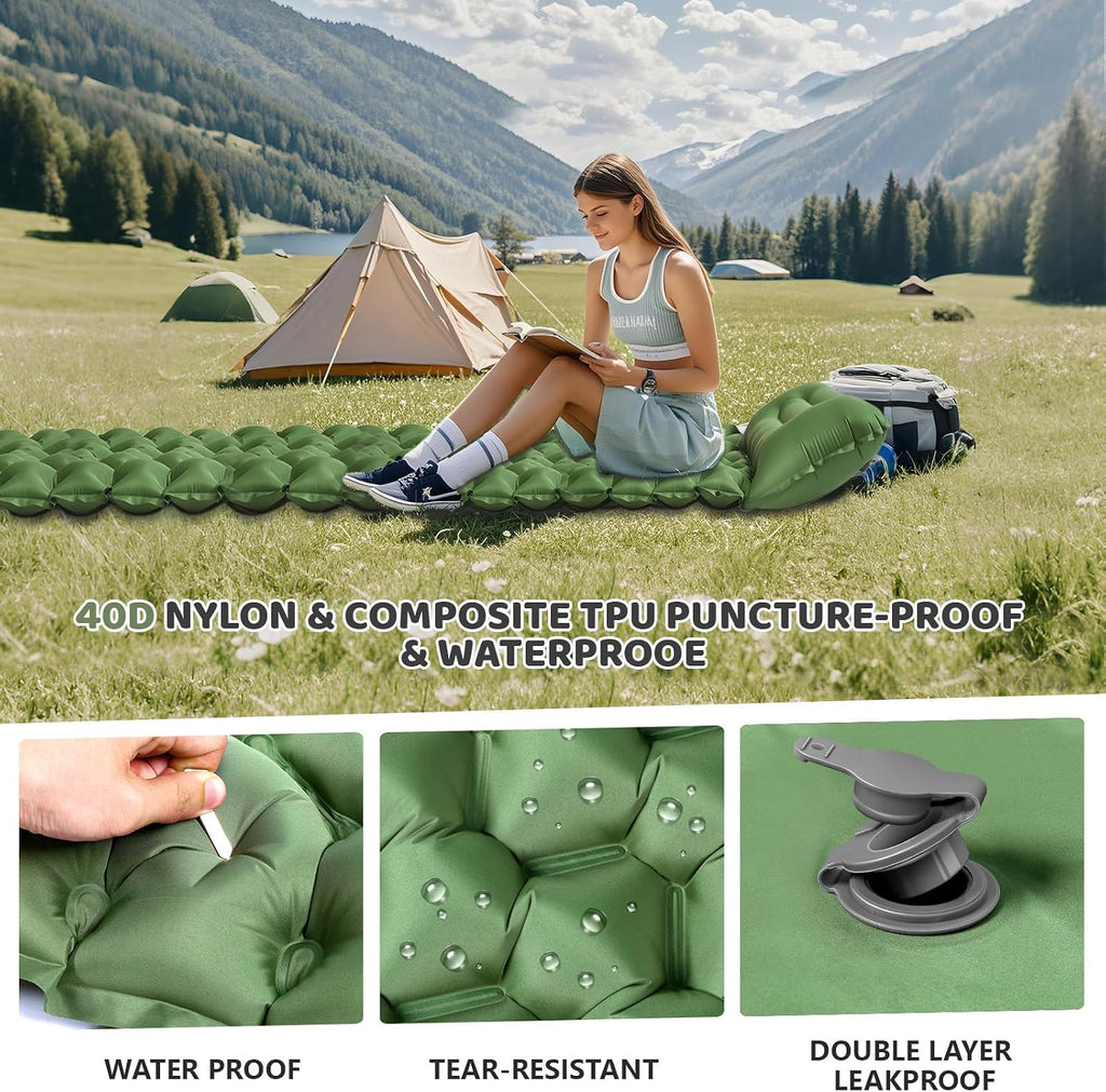 Sleeping Pad,Inflatable Camping Mat with Pillow & Foot Pump-Green