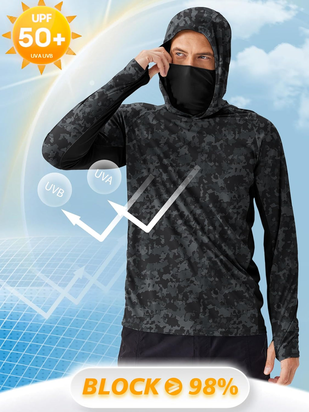 PINSPARK UPF 50+ Sun Hoodie Long Sleeve Fishing Shirts for Men with Mask