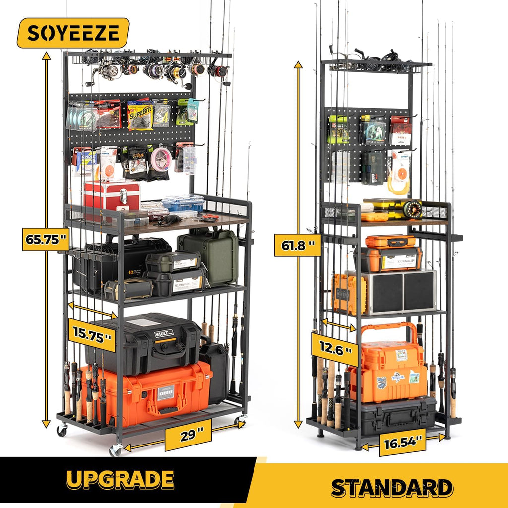 SOYEEZE Fishing Rod Holders for Garage,Fishing Gear Holder for Fishing Rod Tackle Box Storage，Fishing Pole Holders for 12 Rods with Hooks and Pegboard,Fishing Stand with Reel Rack, Standard Size