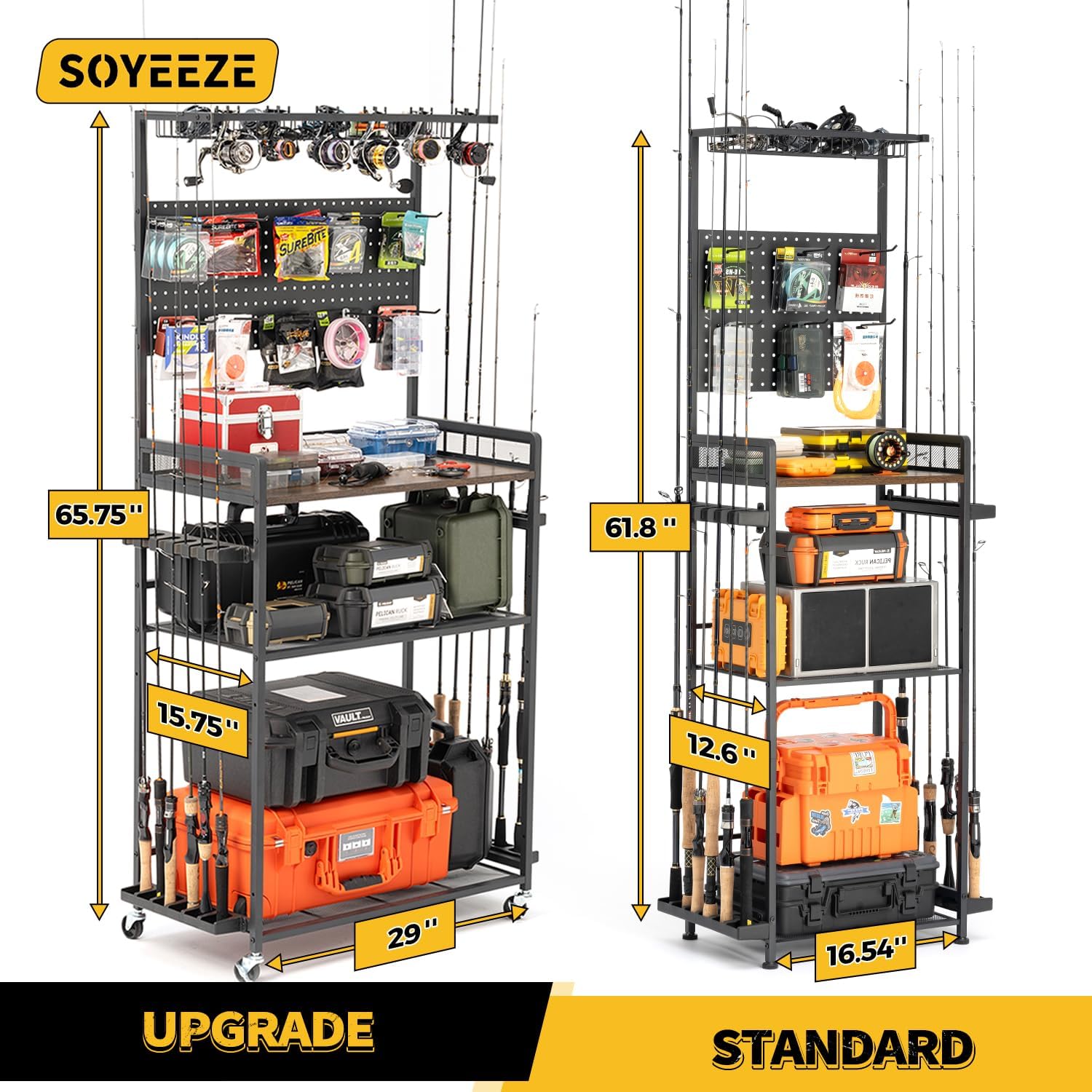 SOYEEZE Fishing Rod Holders for Garage,Fishing Gear Holder for Fishing Rod Tackle Box Storage，Fishing Pole Holders for 12 Rods with Hooks and Pegboard,Fishing Stand with Reel Rack, Standard Size
