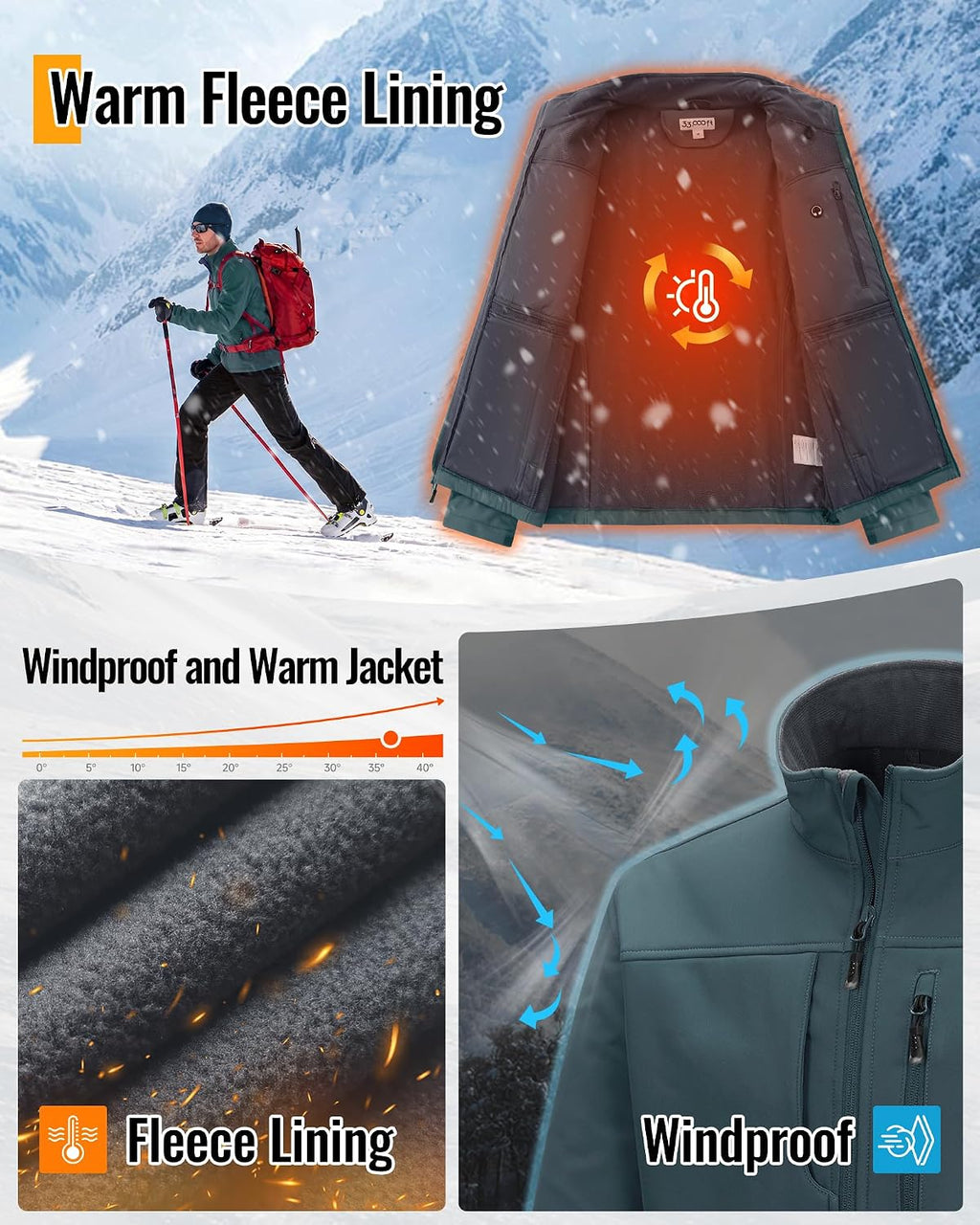 33,000ft Men's Lightweight Softshell Jacket Fleece Waterproof Windbreaker