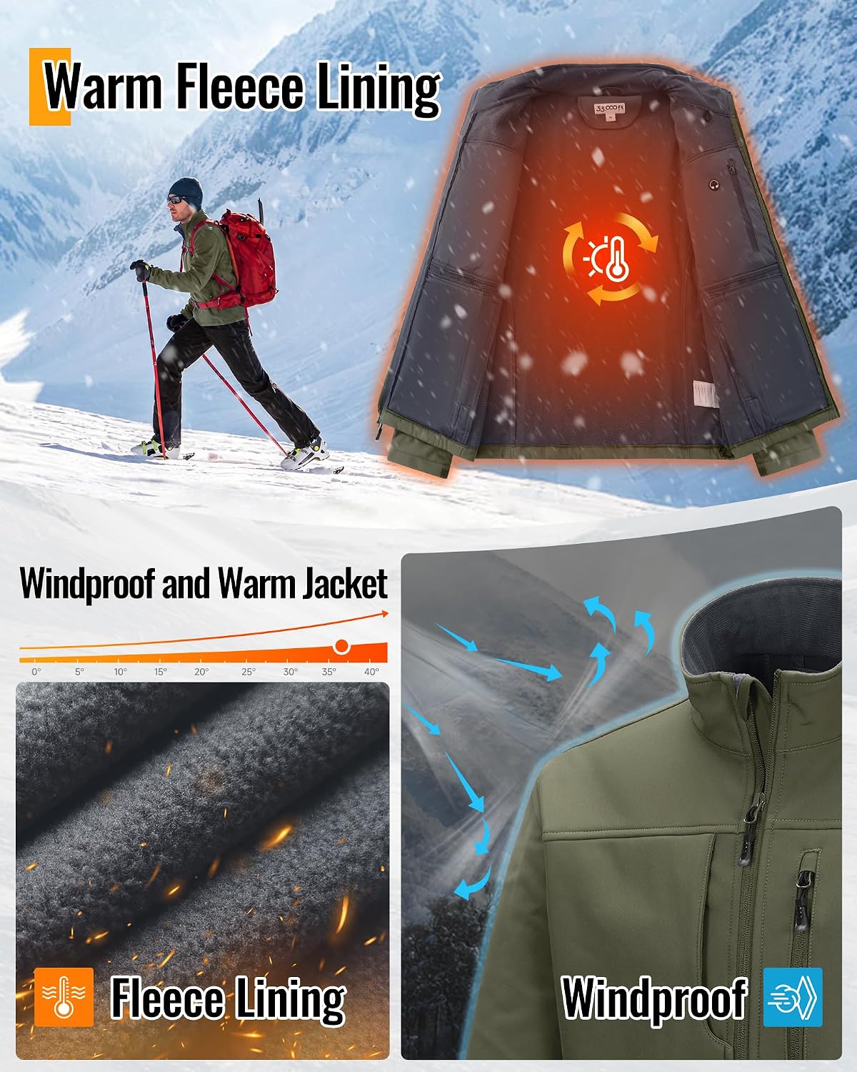 33,000ft Men's Lightweight Softshell Jacket Fleece Waterproof Windbreaker