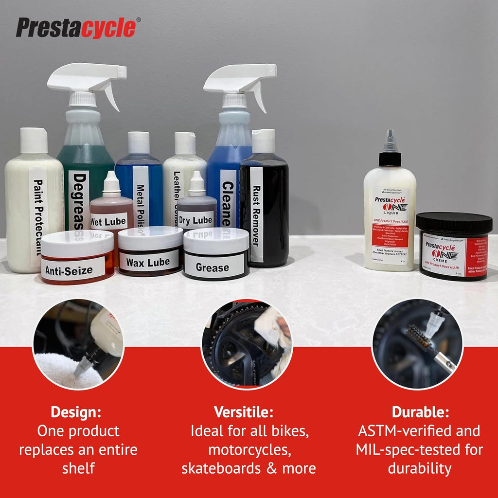 Prestacycle One Liquid, Bike Chain Lubricant and Cleaner, All-in-One Bicycle Lube, Degreaser, Paint Protectant, Metal Polish & Rust Remover, Without Alcohol or Petroleum