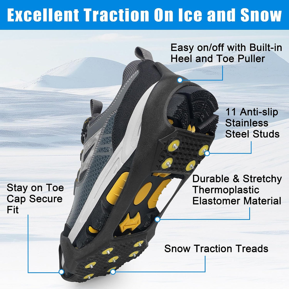 Crampons Ice Cleats for Boots Men and Women Anti Slip Grips Snow Ice Shoes Rubber Snow Traction Cleats Slip-on Stretch Footwear Walking Crampon