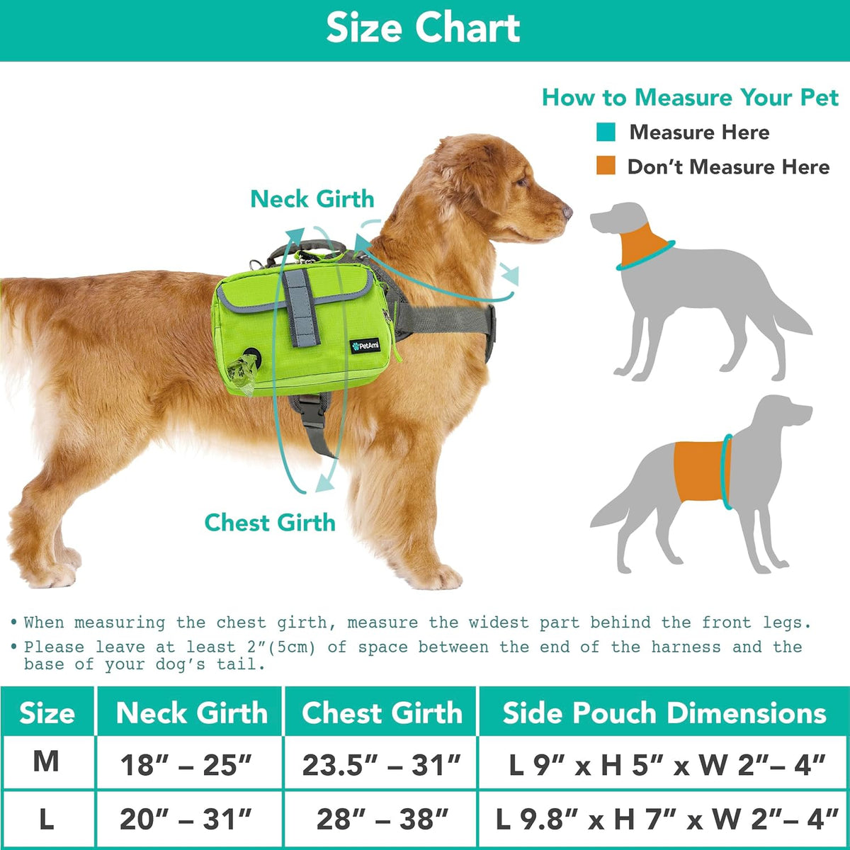 PetAmi Dog Backpack for Medium Large Dogs, Hiking Saddle Bag, Green