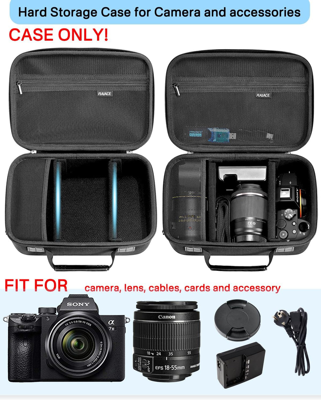 RAIACE Hard Case Compatible with Sony Alpha 7 II III IV/7R V Camera, for Nikon, for Canon, for Pentax and More.Large Capacity With Mesh Pocket for Lens, Charger, Cables, Cards and Accessories.-Black
