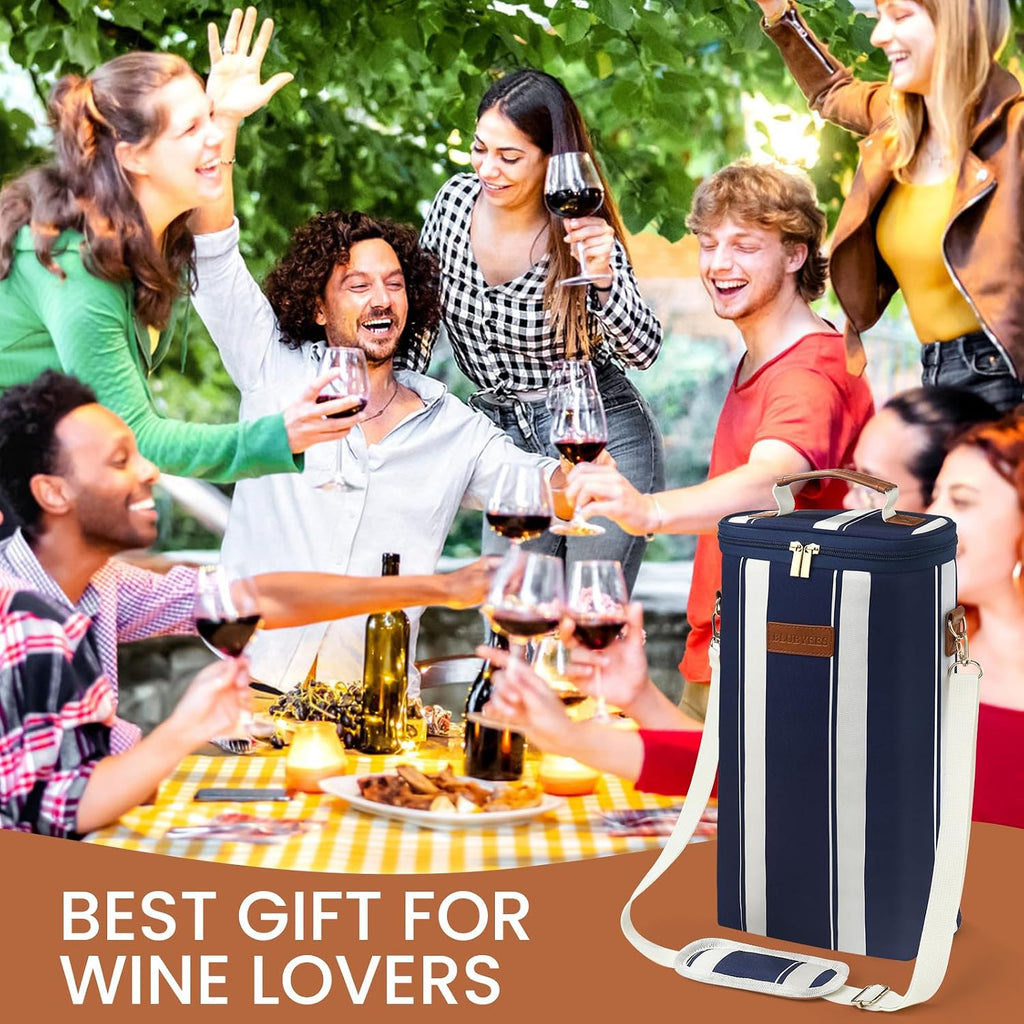 BLUBYEES 2-Bottle Insulated Wine Carrier Tote - Leakproof Padded 900D Oxford Wine Cooler Bag for Travel, Picnics, Beach & Parties - Ideal Wine Gift for Wine Lovers