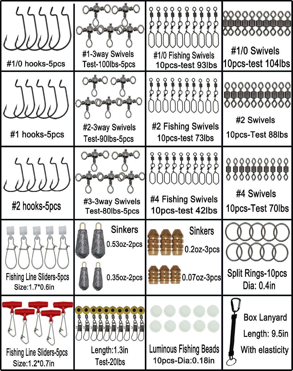 Fishing Accessories Kit with Hooks, Bass Casting, Sinkers, Swivels, Snaps, Sinker Slides, Line Beads, Fishing Set with Tackle Box Lanyard