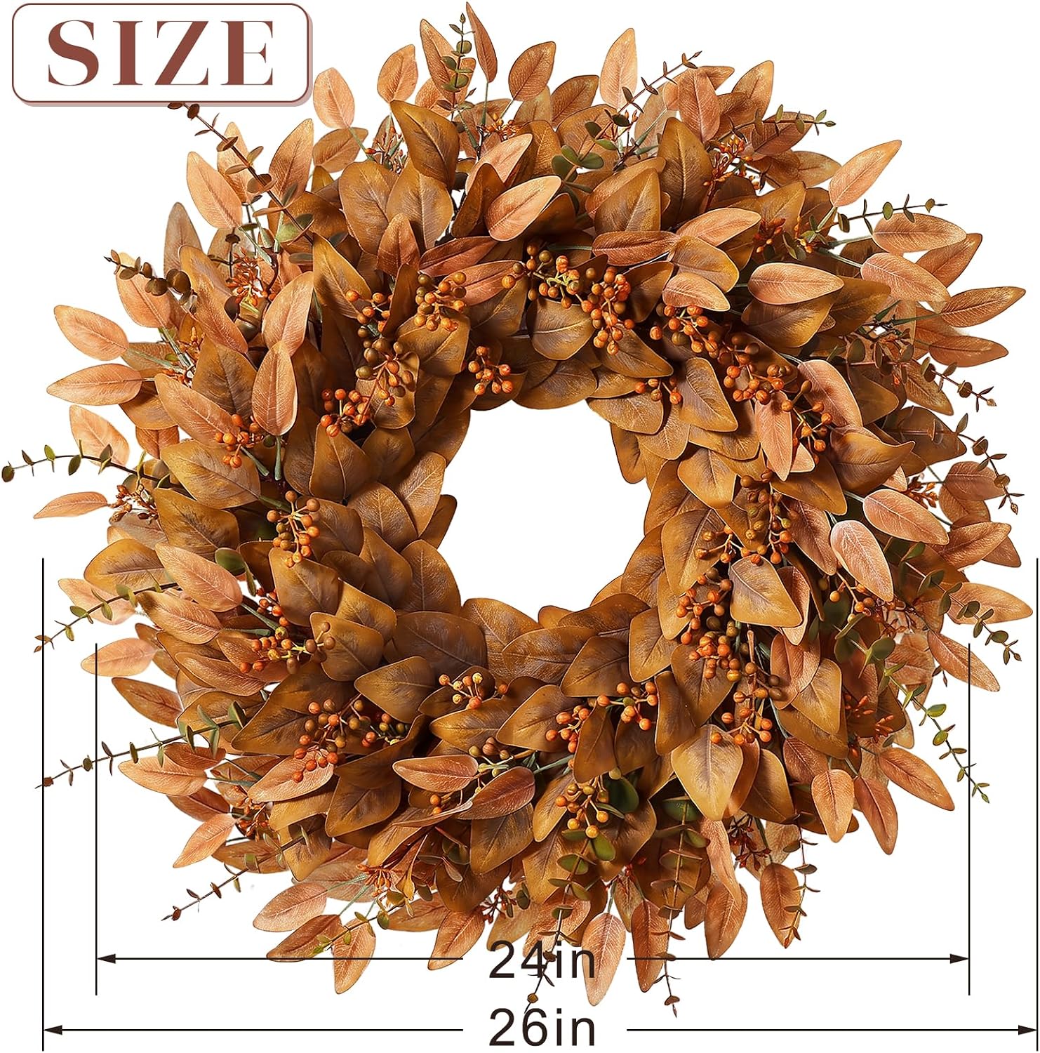 26" Fake Fall Eucalyptus Wreath with Berry for Front Door Decor(Orange) | Artificial UV-resistant Outdoor Wreath, Faux Eucalyptus Leaves Plant for Home/Porch/Window/Wall/Farmhouse/Autumn Decor