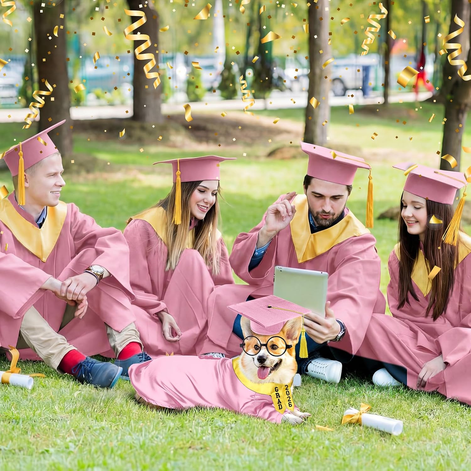 Huhumy 5 Pcs Dog Graduation Costume Set Include 2026 Pet Graduation Gown with Stole Puppy Grad Cap Lensless Glasses DIY Letter Stickers for Dogs Cats Holiday Costume Accessory(Pink Yellow,S)