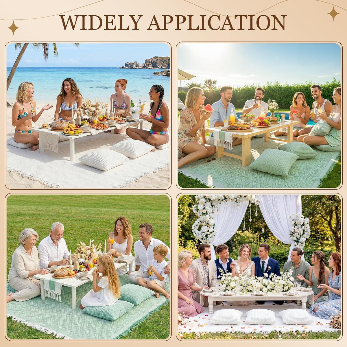 RYCHIC Extra Large Outdoor Rug Boho Picnic Blanket with Low Table Runner and 6 Throw Pillows Covers Set for Beach Essentials Beach Accessories Garden Party Decoration Patio Park Lawn Festival Mat XL