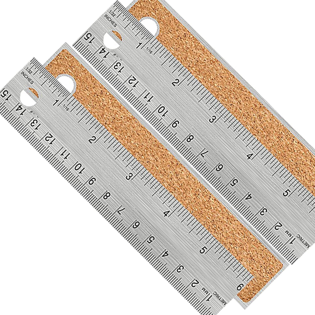 Metal Ruler 6 Inch, Non-Slip Cork Backing, Ink Bleed-Resistant Edge, 2 Pcs