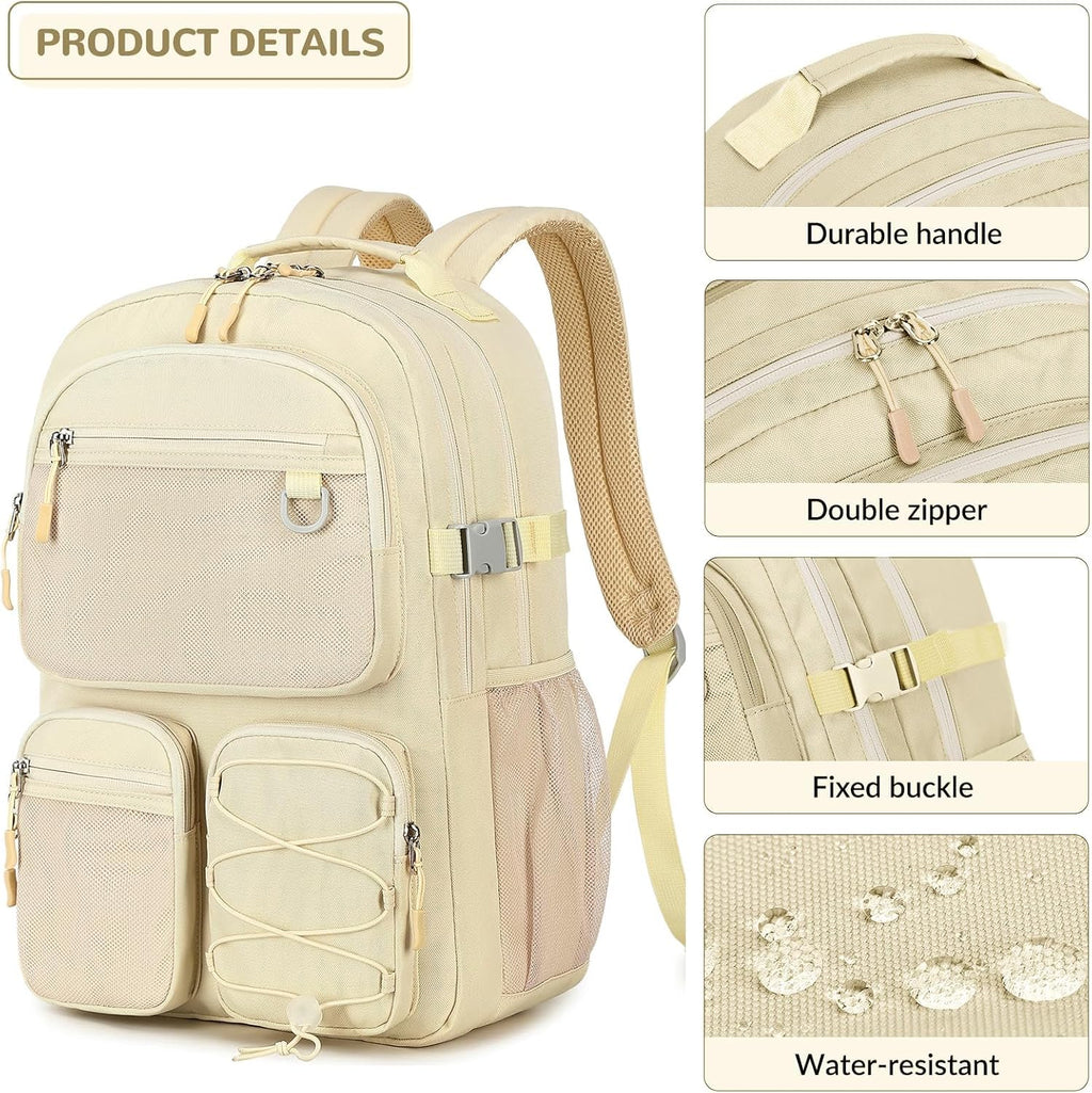 Lohol Water Resistant Backpack with Mulitiple Pockets for School Travel Outdoor College, 15.6 inch Laptop Bookbag for Girls and Women (Beige)