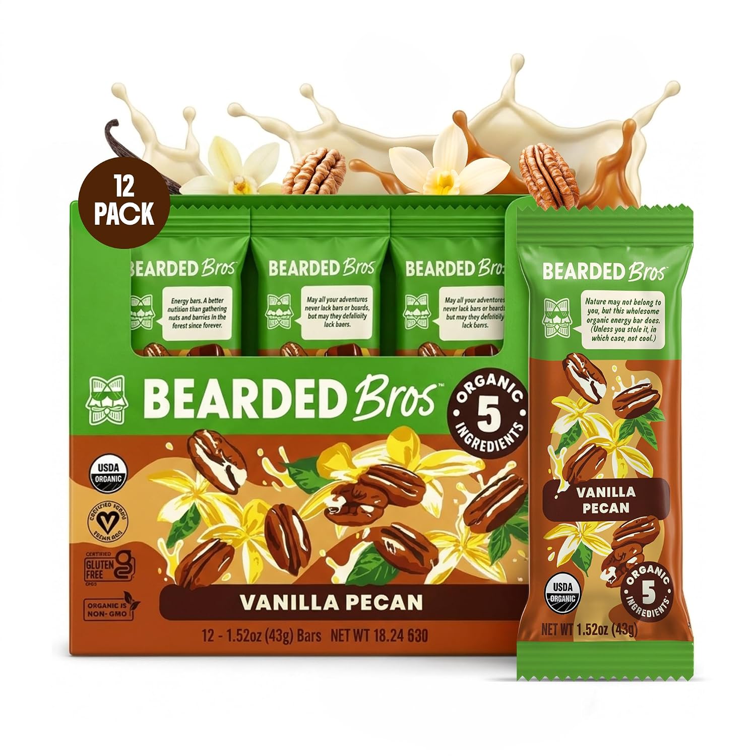 Bearded Brothers Vegan Bars, Organic Energy Bars Vanilla Pecan, 12 Count