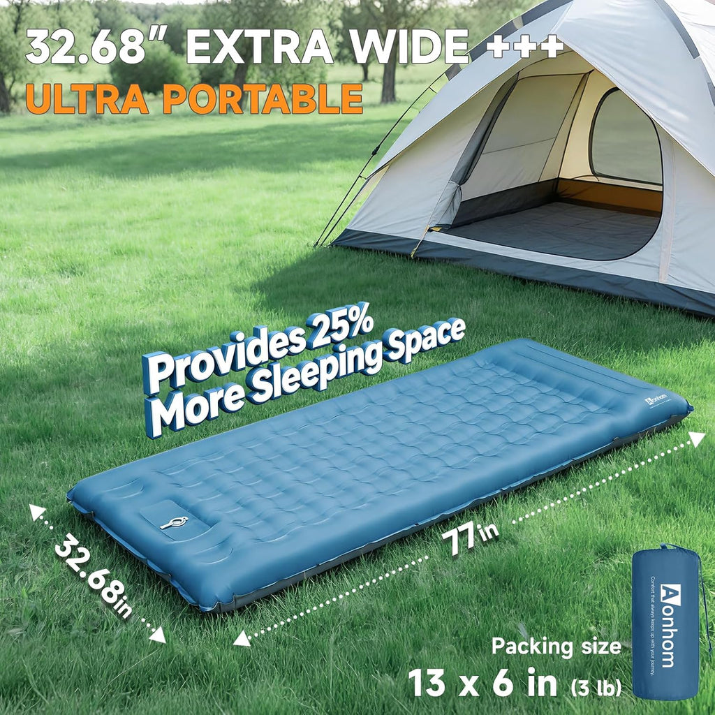 Camping Sleeping Pad, 32.7" Extra Wide, Built-in Foot Pump & Pillow