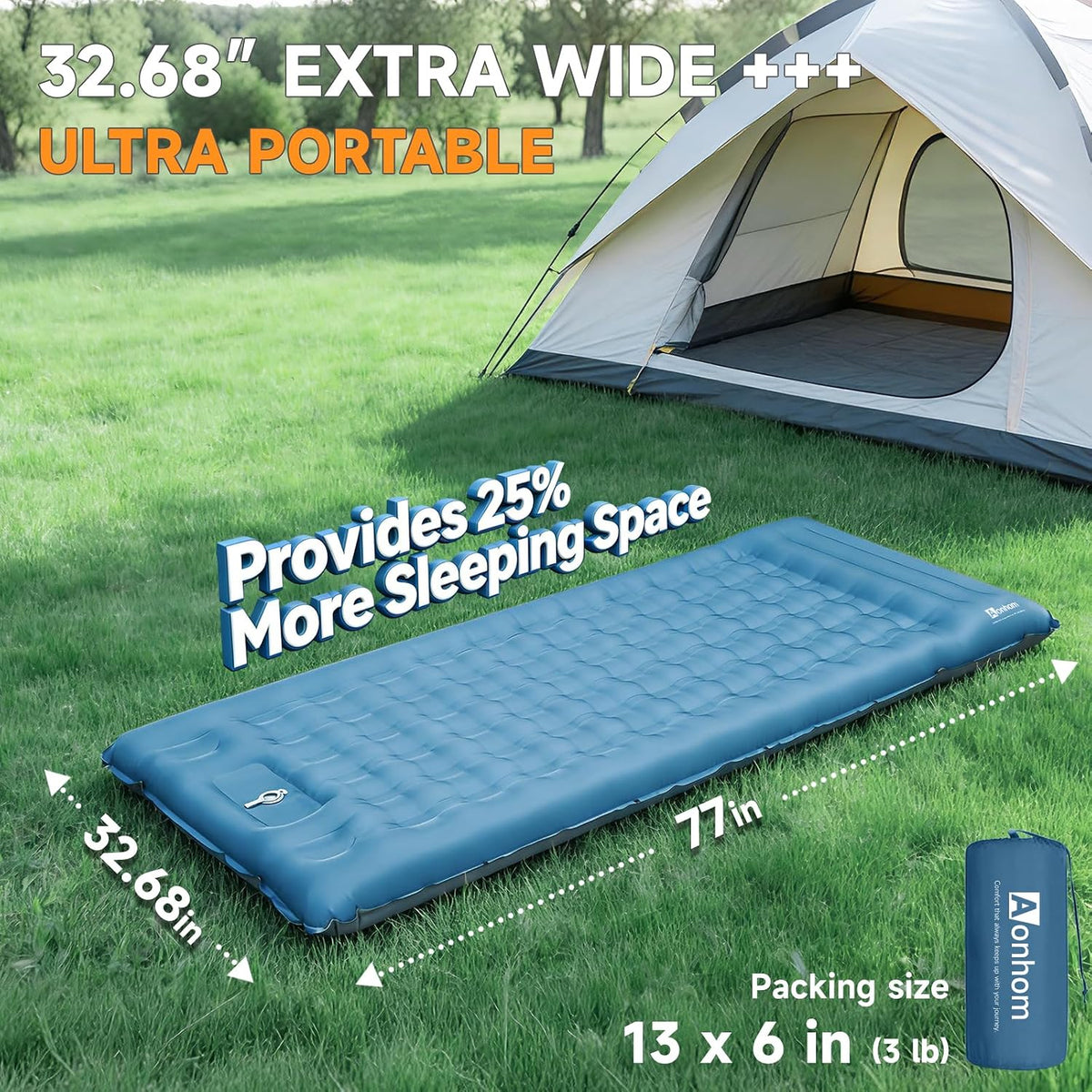 Camping Sleeping Pad, 32.7" Extra Wide, Built-in Foot Pump & Pillow