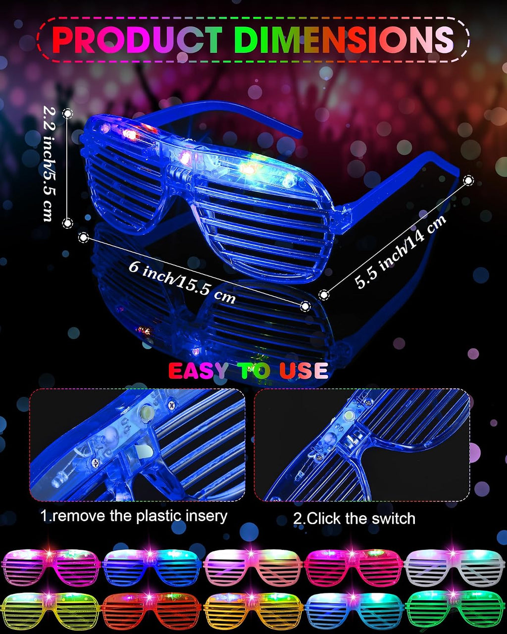 Maitys 60 Pcs Foam Stick Light up Glasses, Glow in the Dark Party Supplies