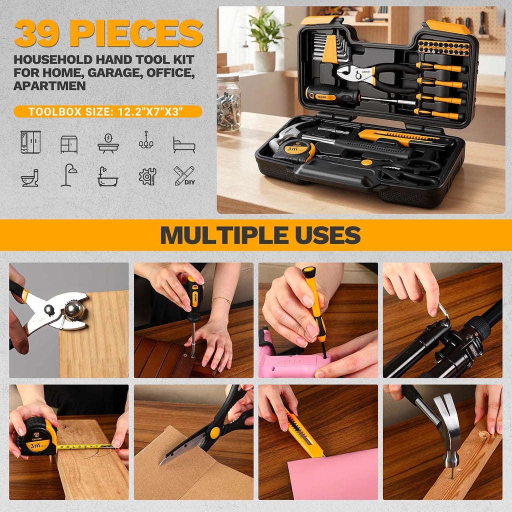 DEKOPRO 39-Piece Household Tool Kit for Women, Basic Hand Tool Set with Plastic Toolbox Storage Case, Small Starter Tool Box Set for Home Repairs, DIY Projects, Crafts and Dorm Essentials - Orange