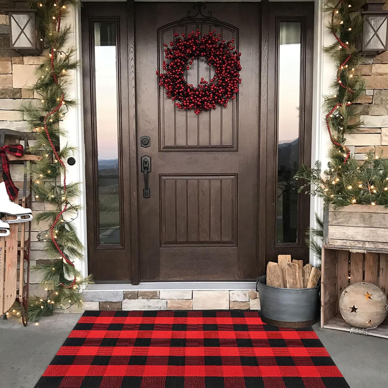 Christmas Door Mat Outdoor 35.4''x59'' Buffalo Plaid Christmas Decor Rug Cotton Hand-Woven Layered Door Mats Washable Carpet for Front Porch, Kitchen, Farmhouse, Entryway