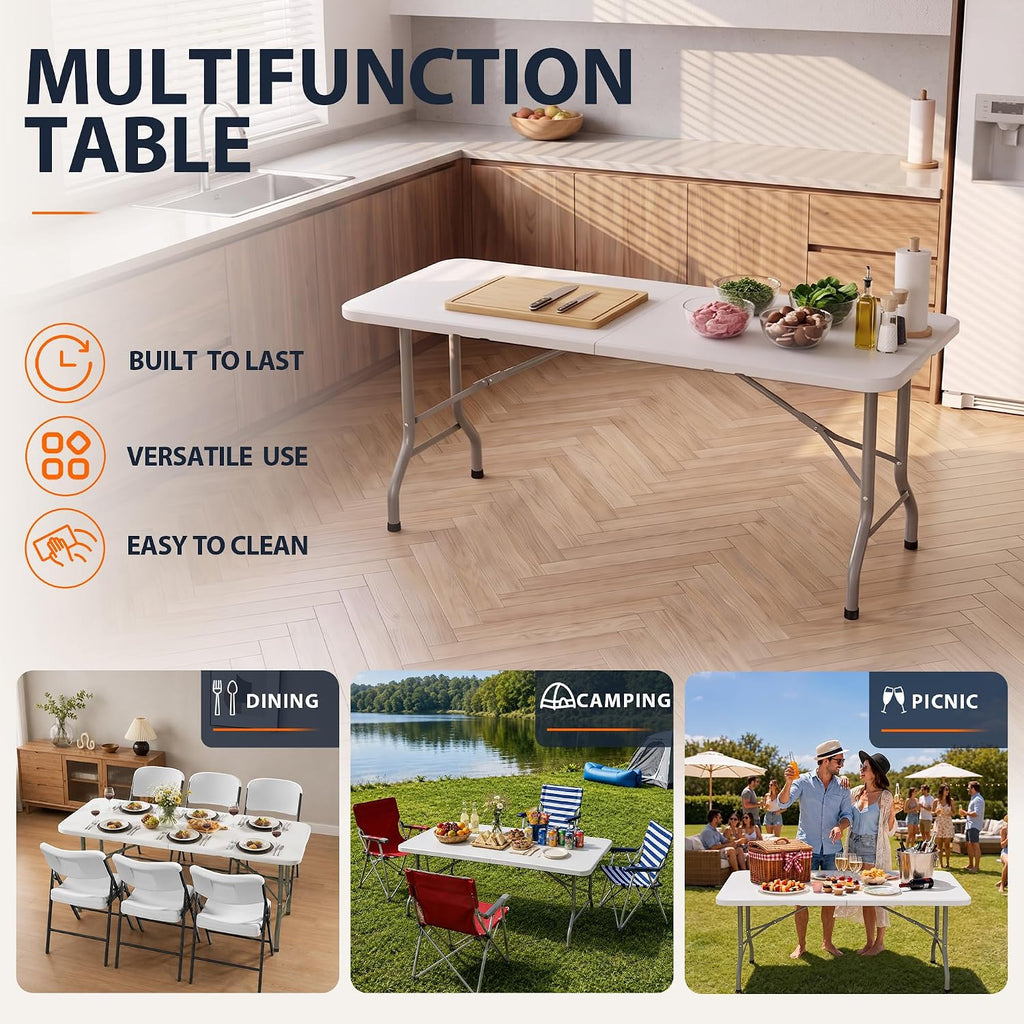 HULKFIT 6FT Heavy Duty Folding Table, Portable Utility Table for Parties, Events, and Dining, Supports up to 330 lbs, Easy Fold & Store
