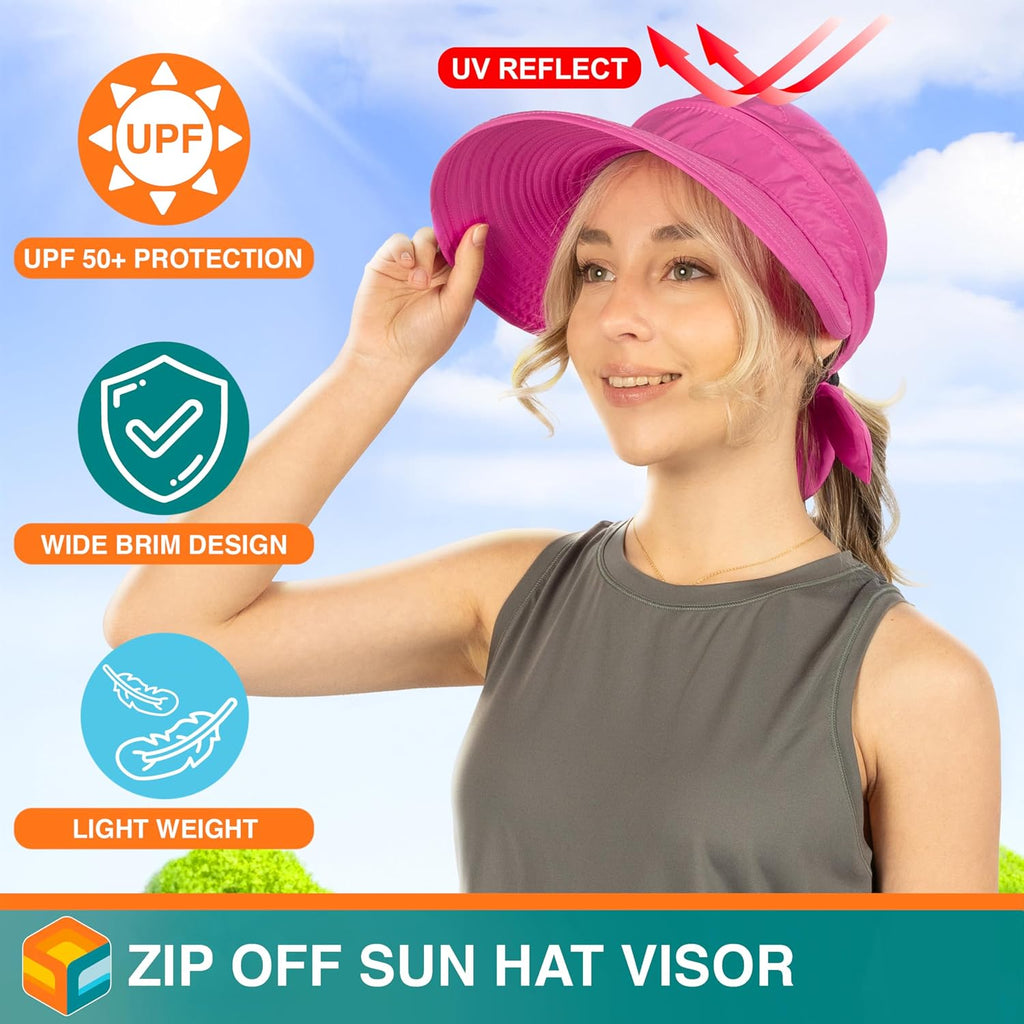SUN CUBE Womens Sun Hat UV Protection Wide Brim Zip-Off Golf Visor