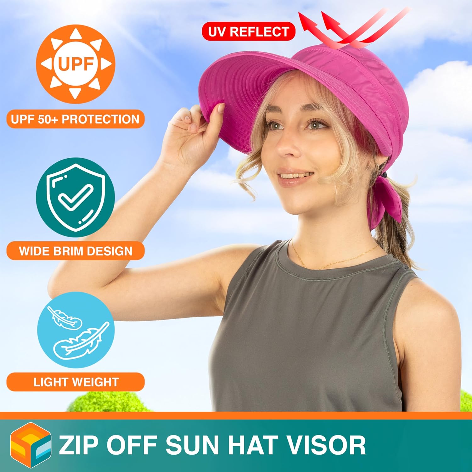 SUN CUBE Womens Sun Hat UV Protection Wide Brim Zip-Off Golf Visor