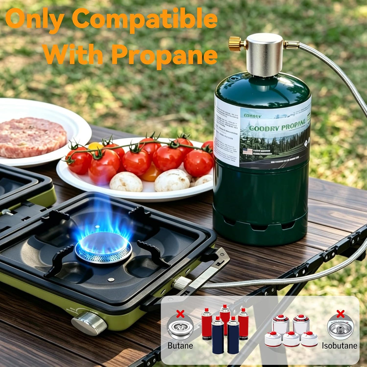 2 Burner Camping Stove with 2-In-1 Cookware Set, 24000 BTU Propane Gas Stove, Foldable Camp Stove with Frying Pan, Pot, Windshield & Carry Bag, Camping Essentials for Picnic, RV, Camp kitchen, Green