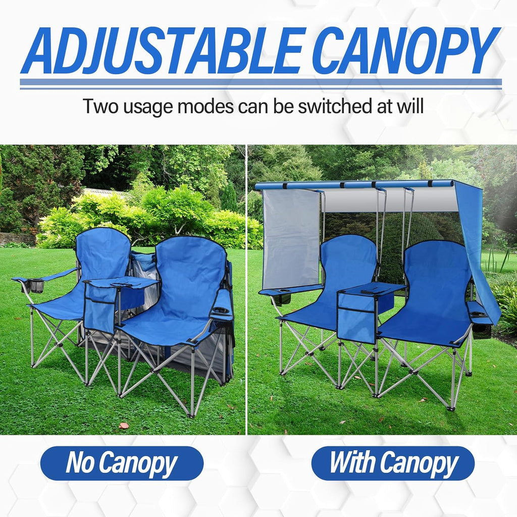 Double Camping Chair with Canopy Shade,Beach Chair Support 600LBS,Blue